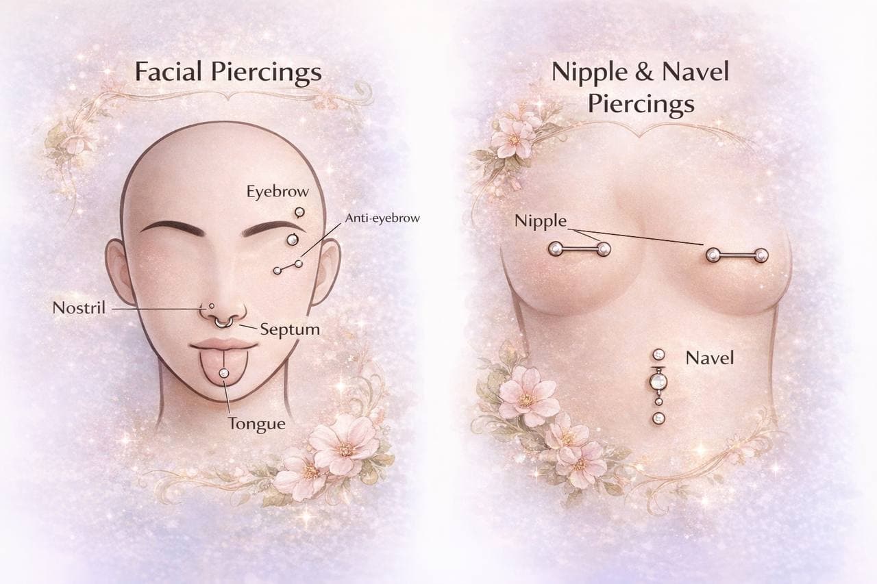 Face, tongue, nipple, and navel piercing reference